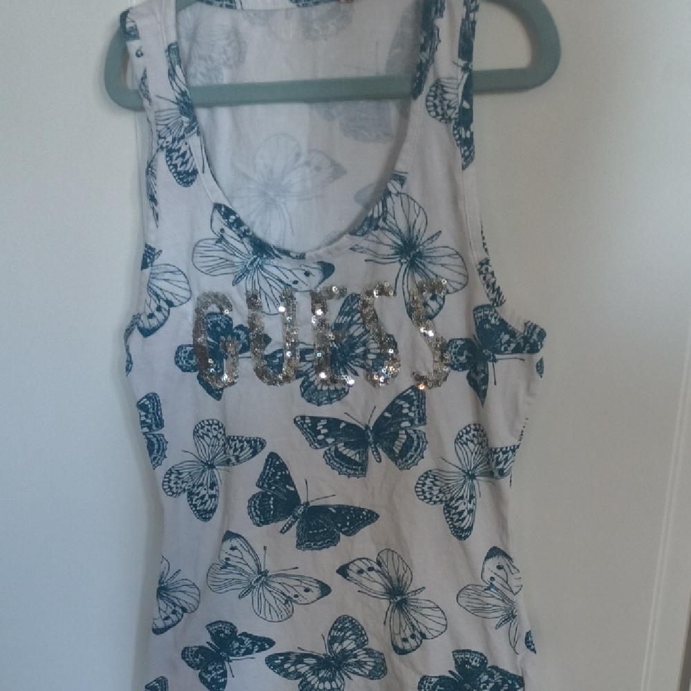 G by Guess White Tank with Teal Butterfly Print and Sequin Logo